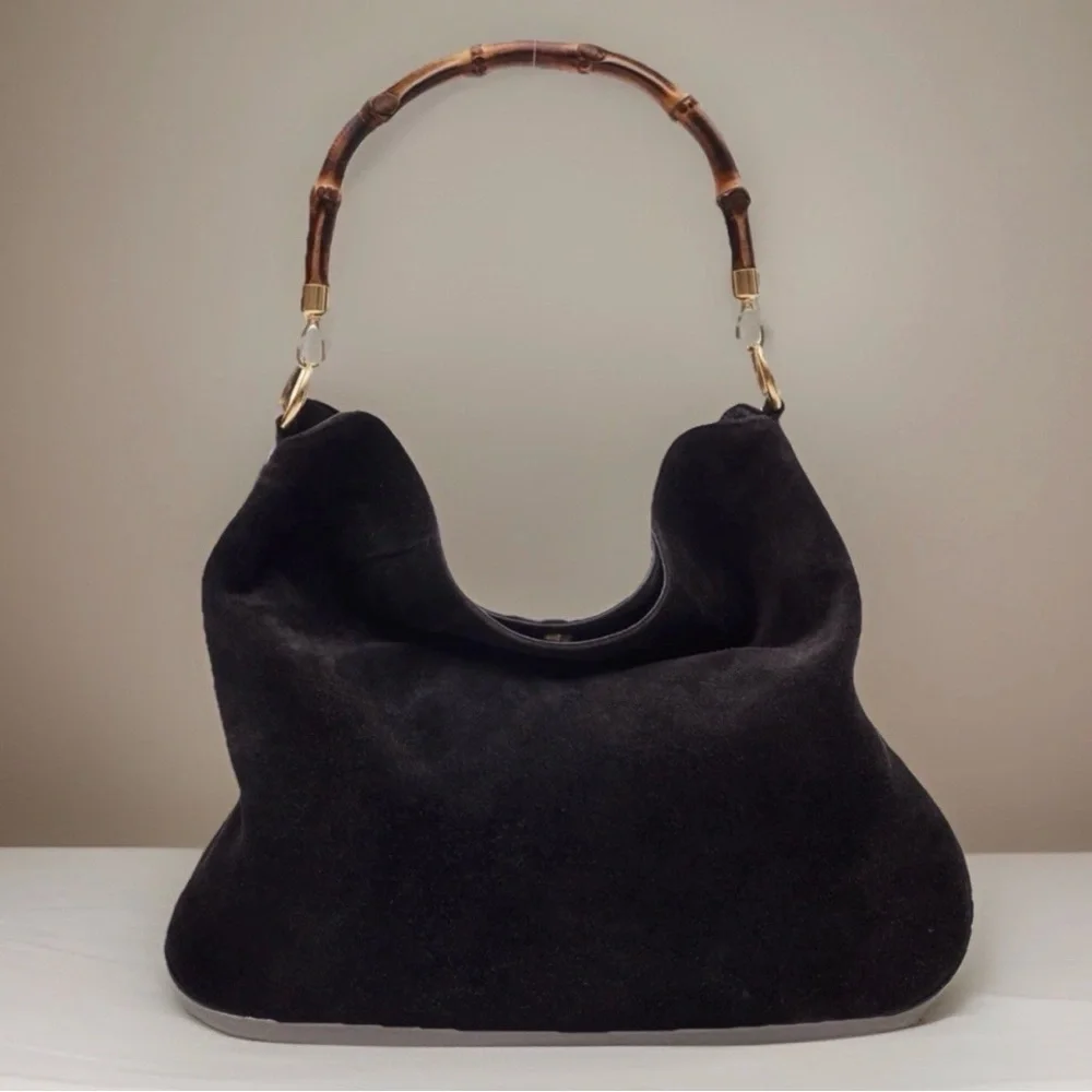 GUCCI Suede Slouchy Bohemian Lady Mob Wives Natural Bamboo Wood Handle Hobo Bag - Picture 2 of 8